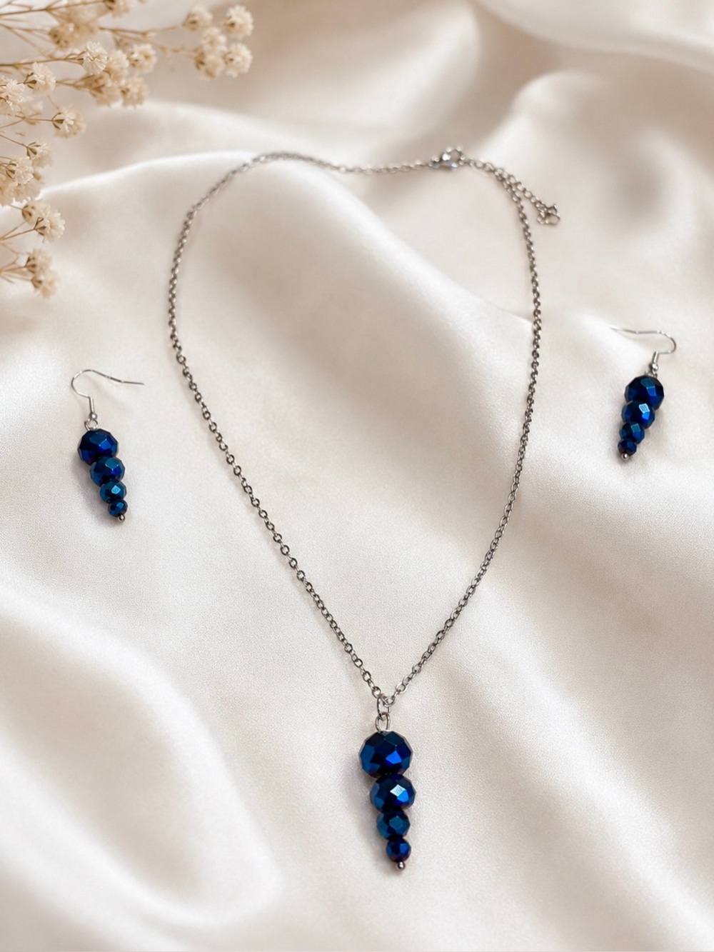 Sapphire-Blue Faceted Crystal Necklace & Earrings Set